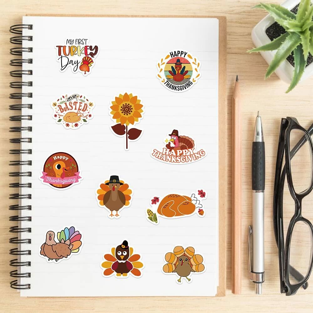 QQUK Thanksgiving Pumpkin Stickers Pack 100 Pcs Waterproof Brown Fall Decals