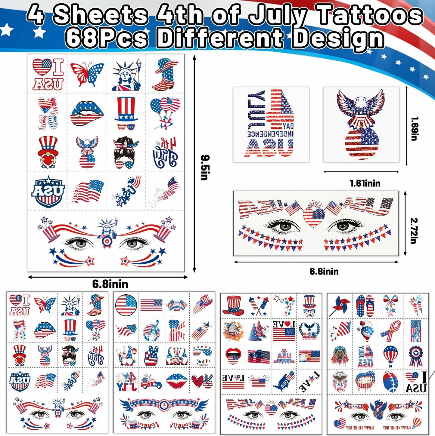 eboozone 4th of July Temporary Tattoos 68pcs Patriotic USA Flag Red/Blue