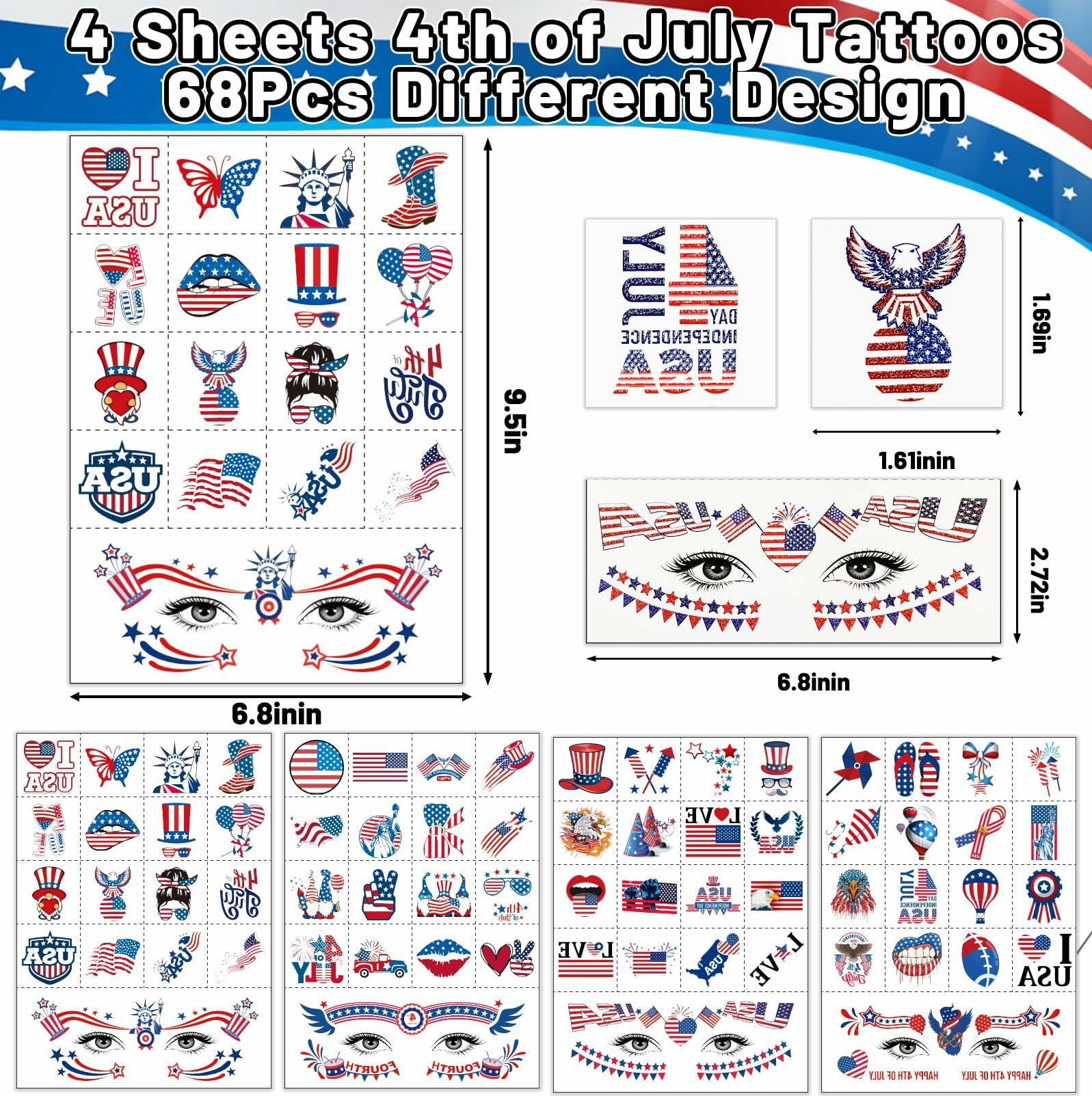 eboozone 4th of July Temporary Tattoos 68pcs Patriotic USA Flag Red/Blue