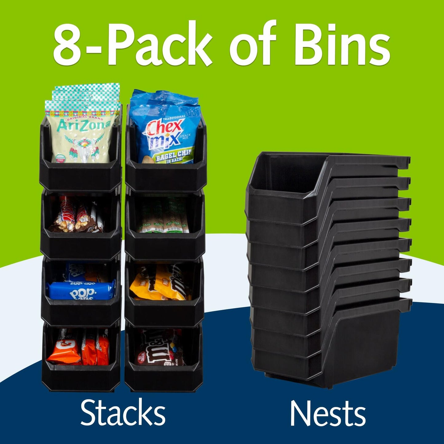 ReadySpace Stackable Plastic Storage Bins Medium 11x5x5.5 Black 8-Pack