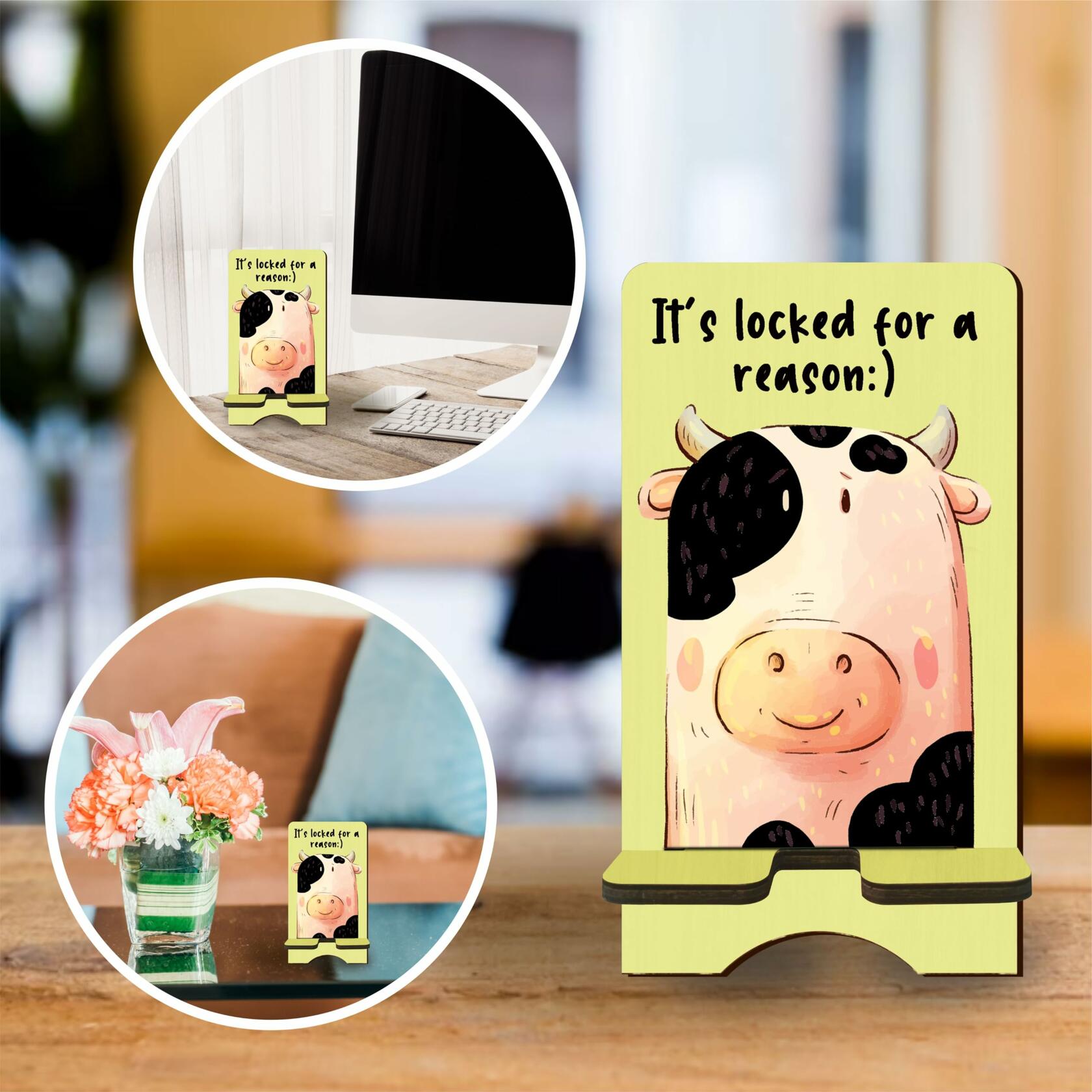 Nuckxy Cute Cow Wooden Phone Stand Organizer Multi Color 15"