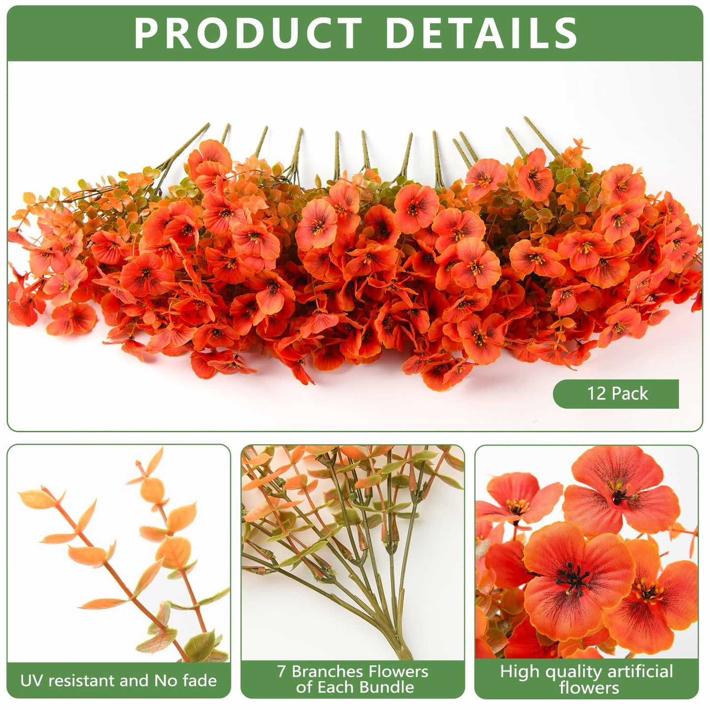 INQCMY Artificial Fall Flowers 12 Bundles Faux Pansies Orange UV Resistant