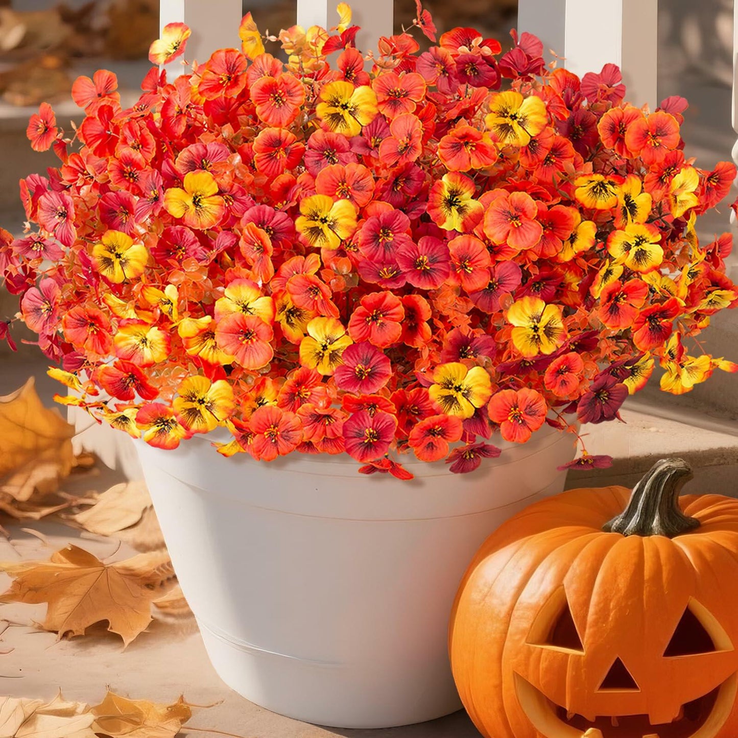 INQCMY Artificial Fall Flowers Faux Pansies Mums 12 Bundle 14" Red Orange Yellow