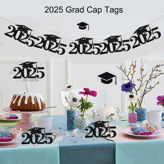 SDKI 30Pcs 2025 Black Glitter Graduation Cutouts Tags Party Decoration