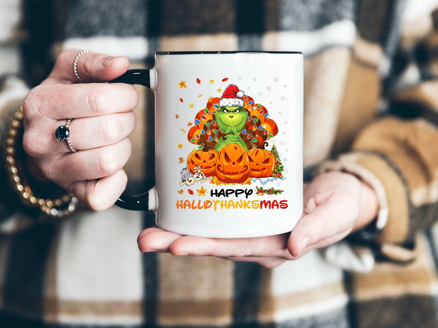 AdamLongStore Happy Hallothanksmas Fall Accent Mug 11oz White/Black