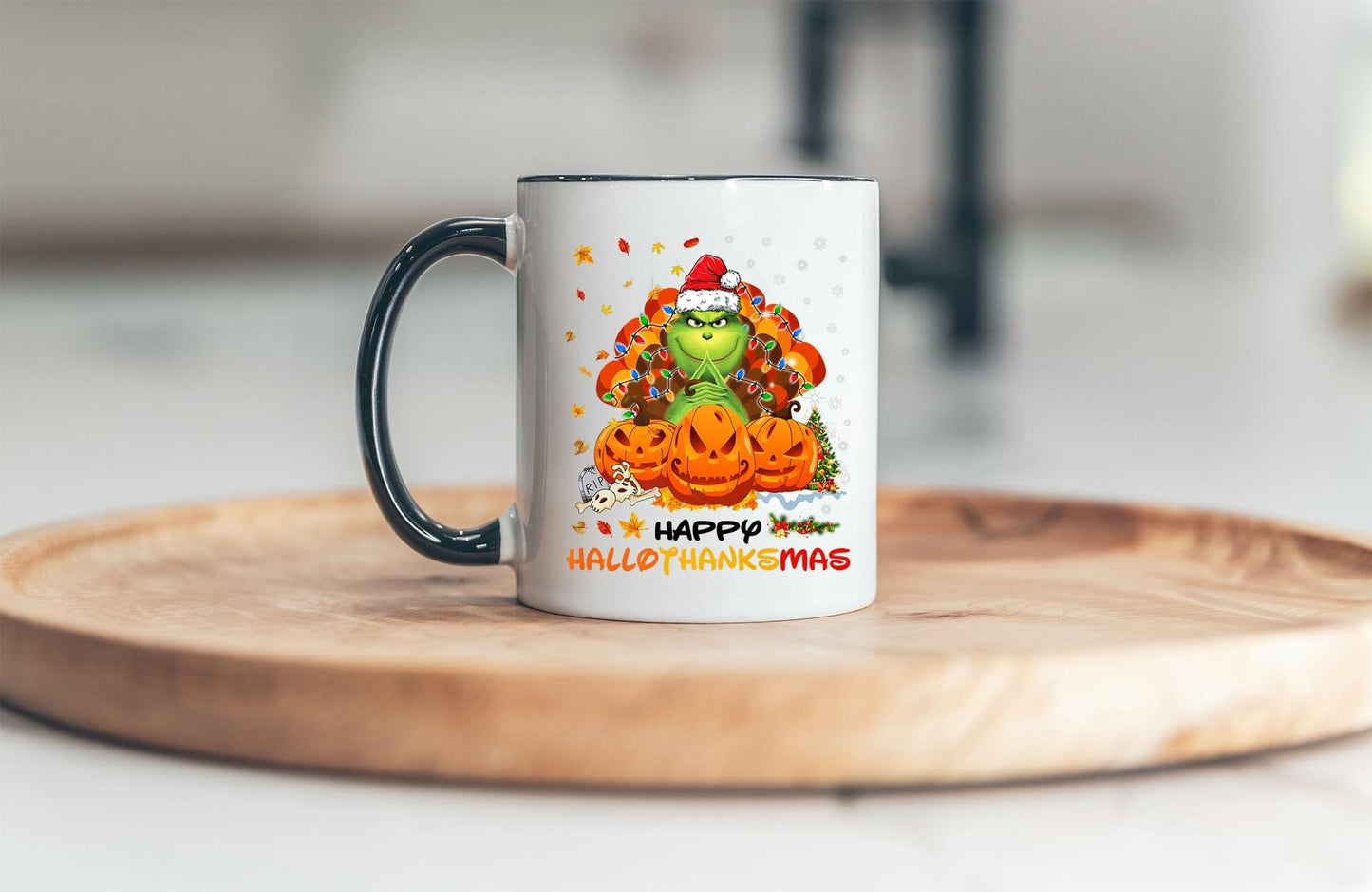 AdamLongStore Happy Hallothanksmas Fall Accent Mug 11oz White/Black