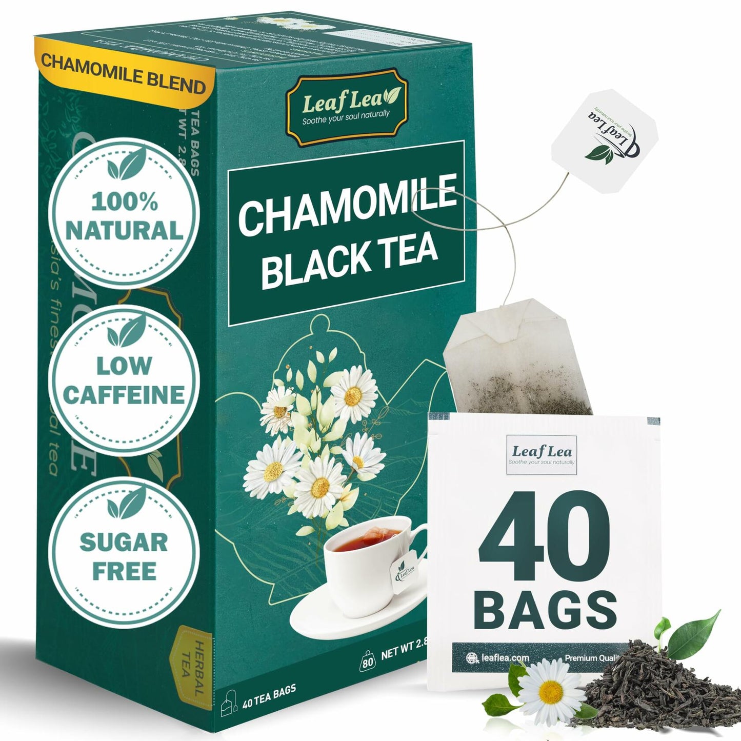 LeafLea Black Tea with Chamomile, Natural, Gluten-Free, Vegan, 40 Bags