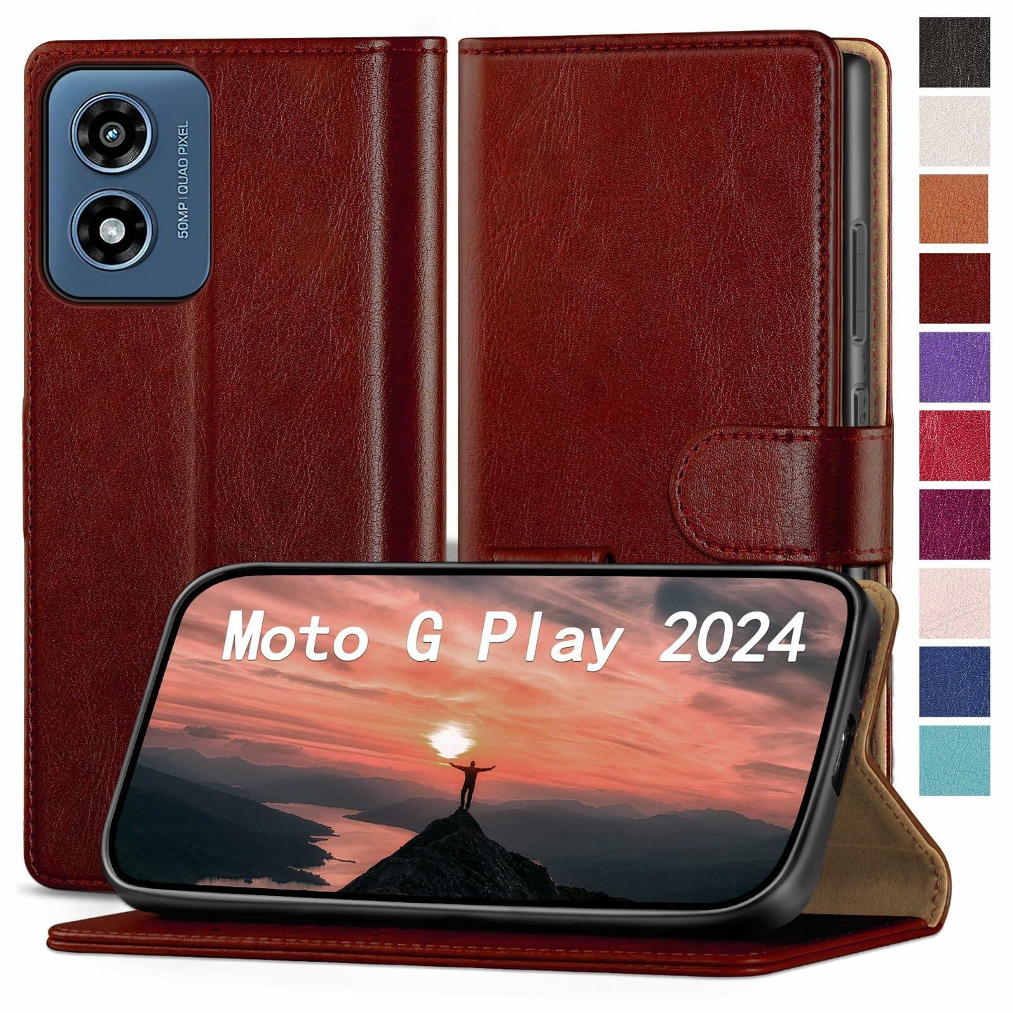 RingPi Moto G 5G 2024 Leather RFID Wallet Case Brown 3 Card Slots