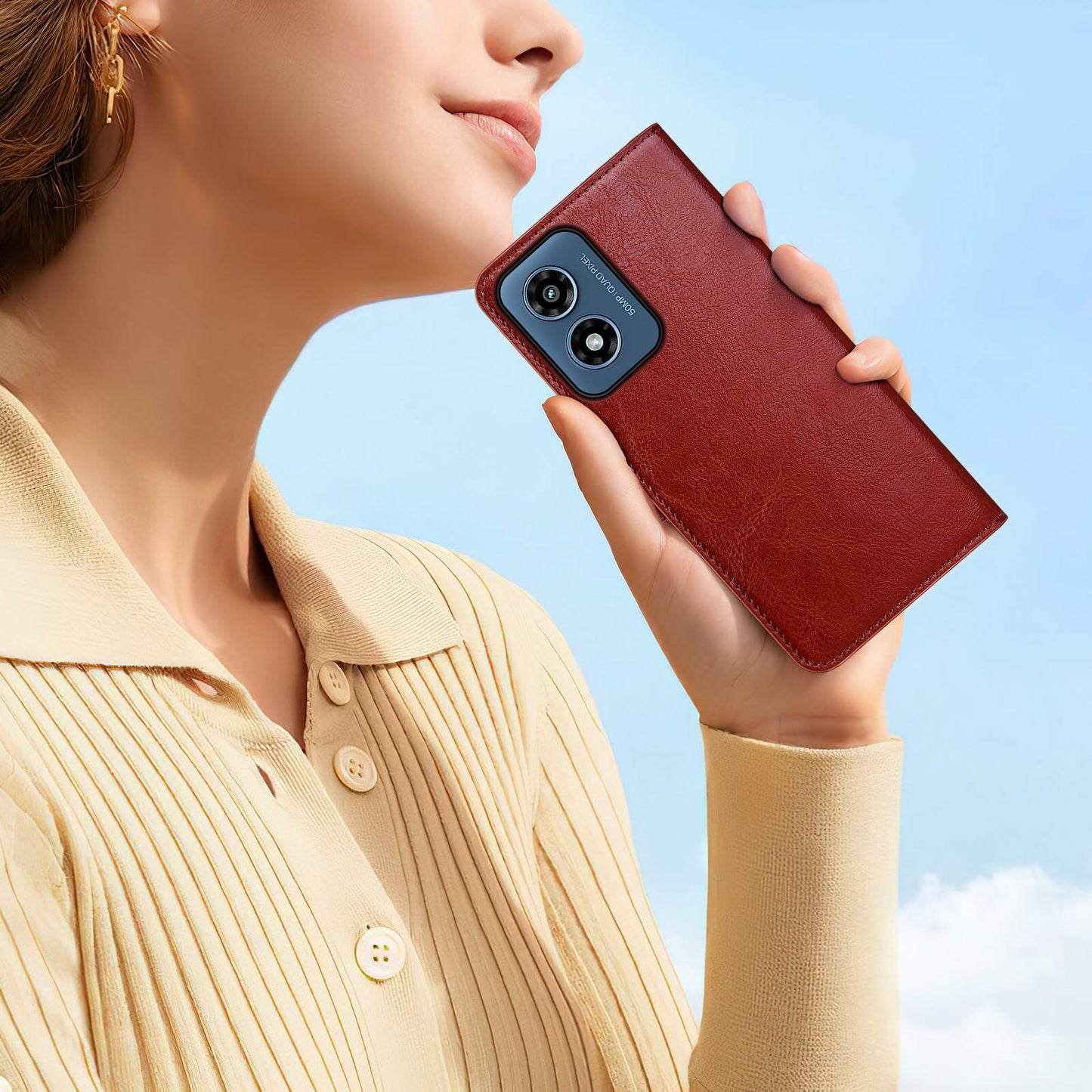 RingPi Moto G 5G 2024 Leather RFID Wallet Case Brown 3 Card Slots