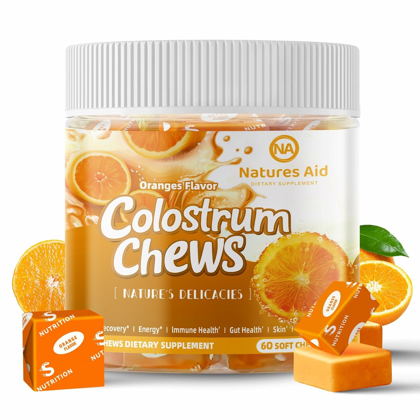 BestBy12/26 Natures Aid Colostrum Chews Probiotics Gut Health Orange 60 Sv