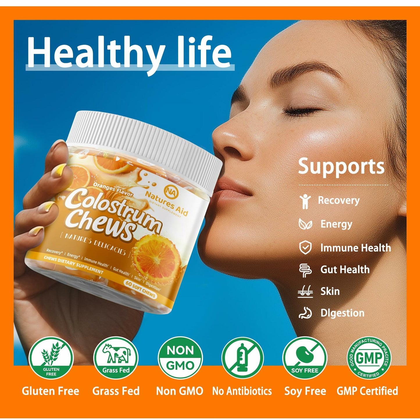 BestBy12/26 Natures Aid Colostrum Chews Probiotics Gut Health Orange 60 Sv