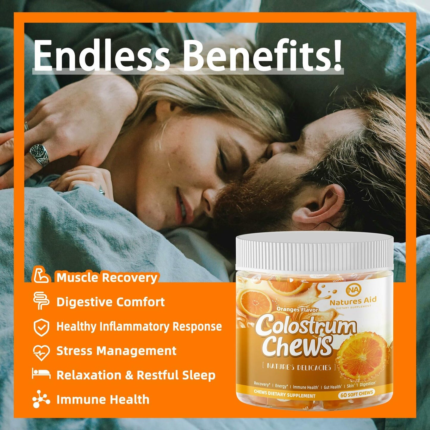 BestBy12/26 Natures Aid Colostrum Chews Probiotics Gut Health Orange 60 Sv