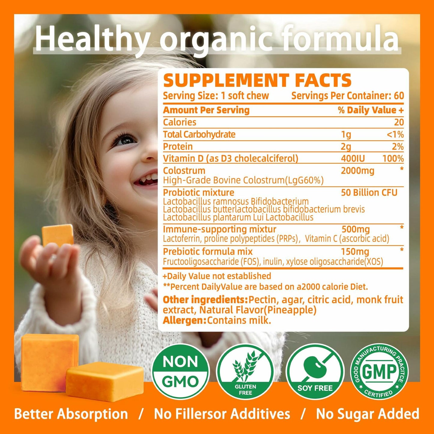 BestBy12/26 Natures Aid Colostrum Chews Probiotics Gut Health Orange 60 Sv