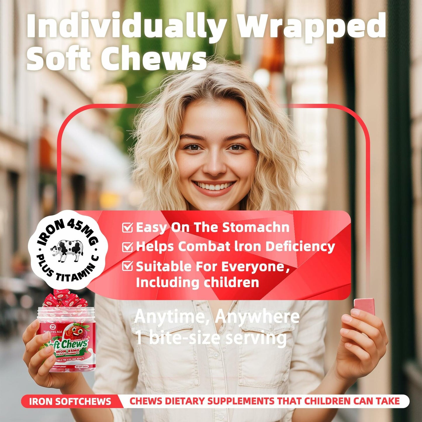 BestBy12/25 Natures Aid Chewable Iron Supplement Strawberry Flavor 2Month Supply