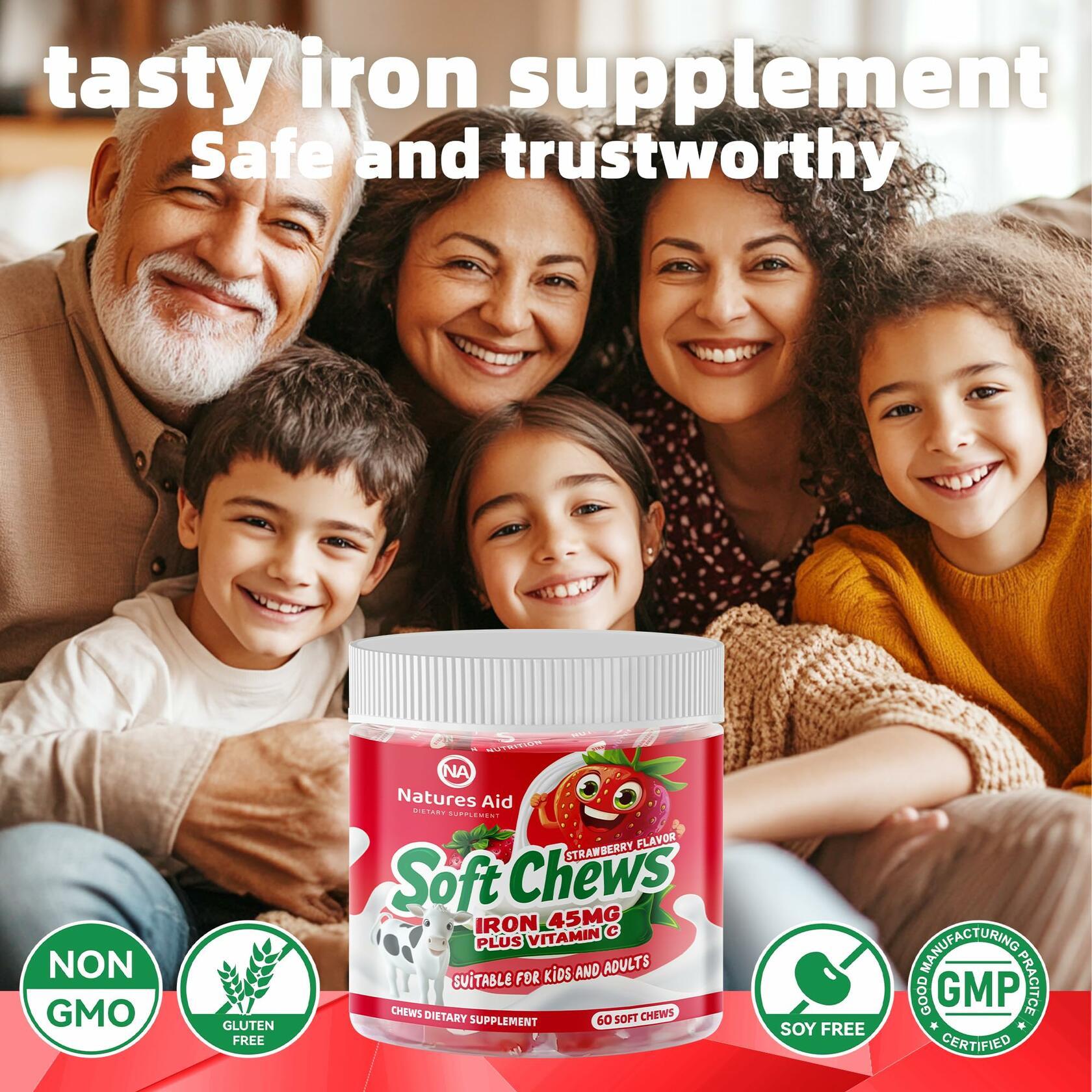 BestBy12/25 Natures Aid Chewable Iron Supplement Strawberry Flavor 2Month Supply