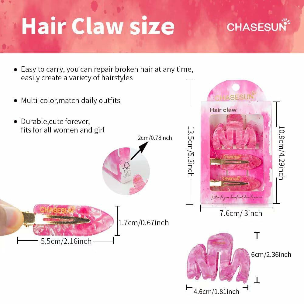 CHASESUN Pink Hair Claw Clips Set 3 Pcs Acetate Solid Pattern