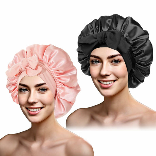 yqswstl 2Pc Silk Bonnet Satin Hair Wrap Tie Band Adjustable Pink+Black