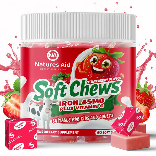 BestBy12/25 Natures Aid Chewable Iron Supplement Strawberry Flavor 2Month Supply