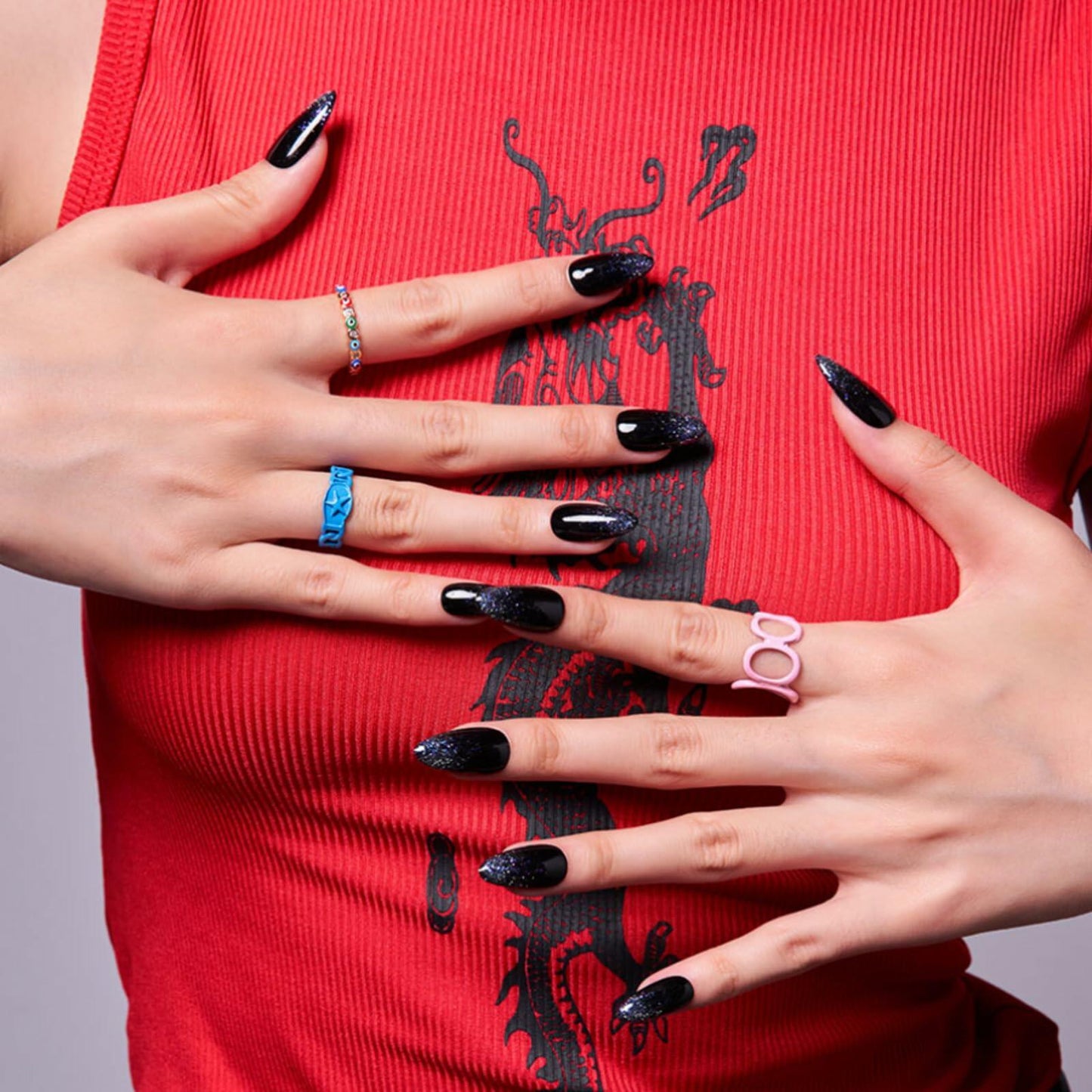 GLAMERMAID Press On Nails Medium Almond Black Glitter French Tips Set