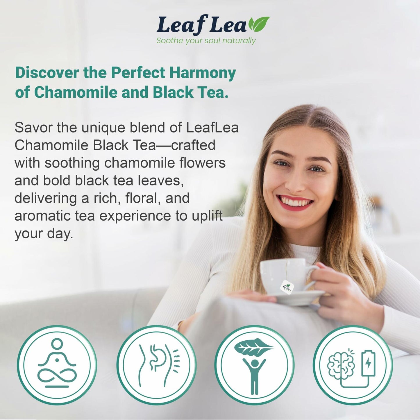 LeafLea Black Tea with Chamomile, Natural, Gluten-Free, Vegan, 40 Bags