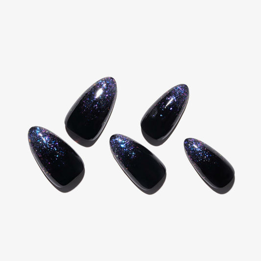 GLAMERMAID Press On Nails Medium Almond Black Glitter French Tips Set