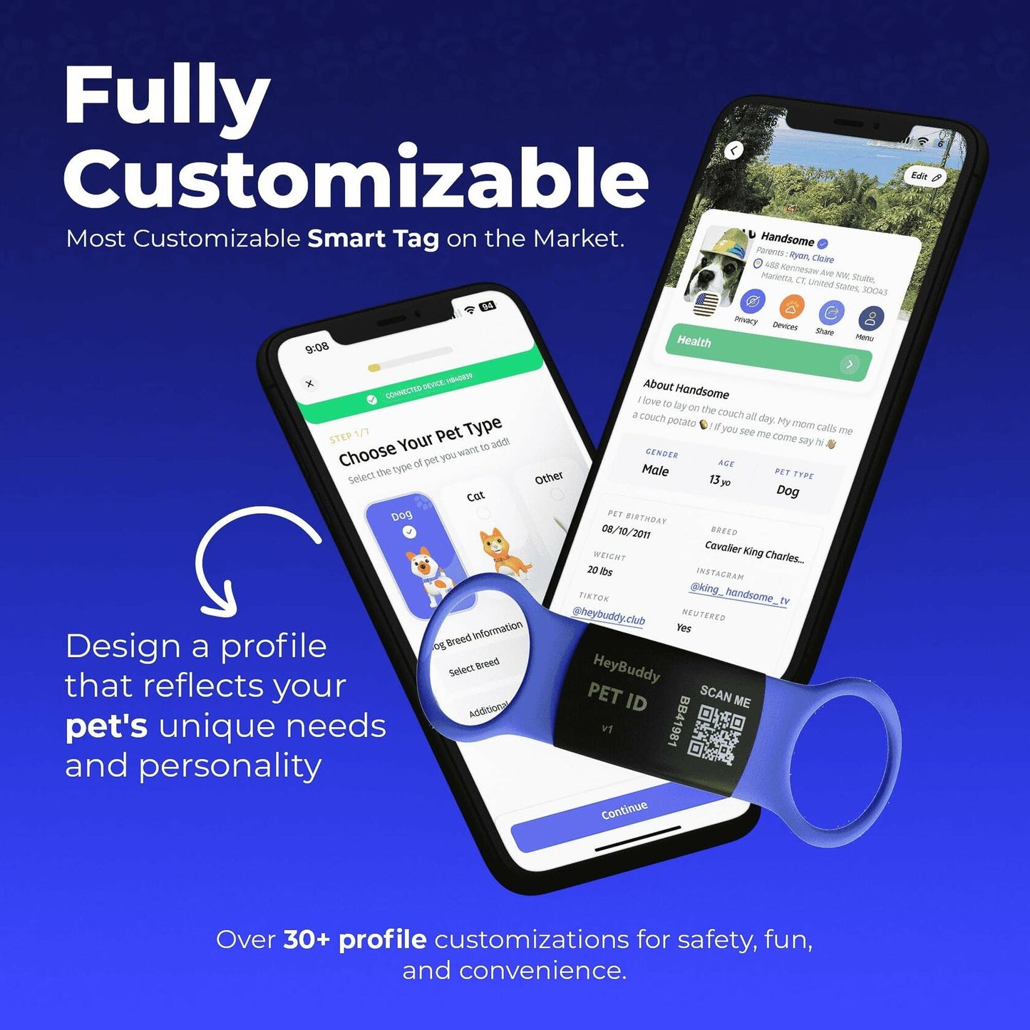 HeyBuddy Slide Series QR Code Smart Pet Tag Stainless Steel Blue