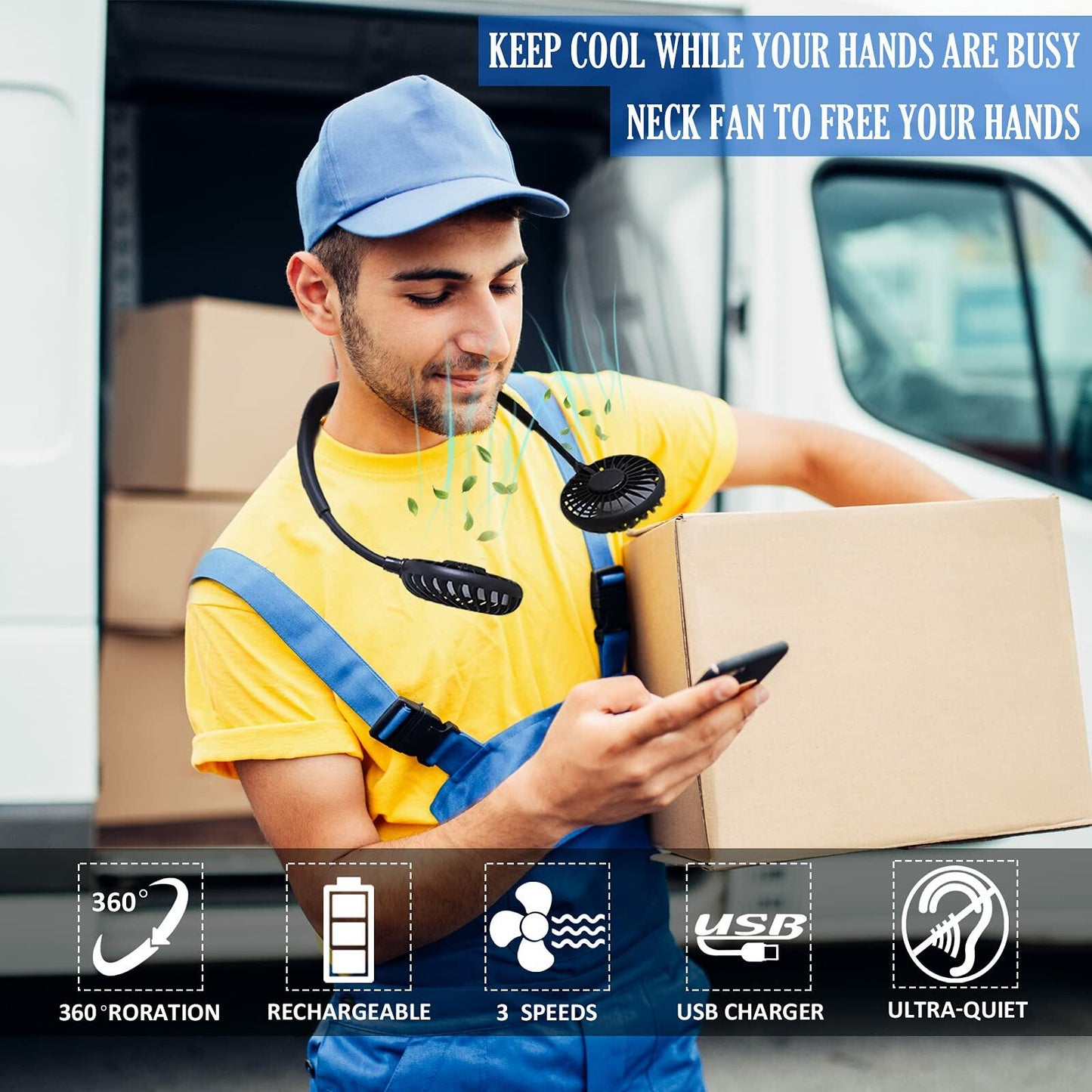 YALTOON Neck Fan 2600mAh USB Portable Black 7 Blades 3 Speeds Over 12H