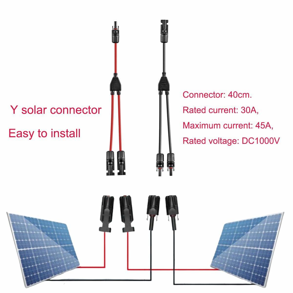 Daohaodeli Solar Connectors 30A 12AWG 1-3 Y Branch Adapter Cable Pair Red+Black
