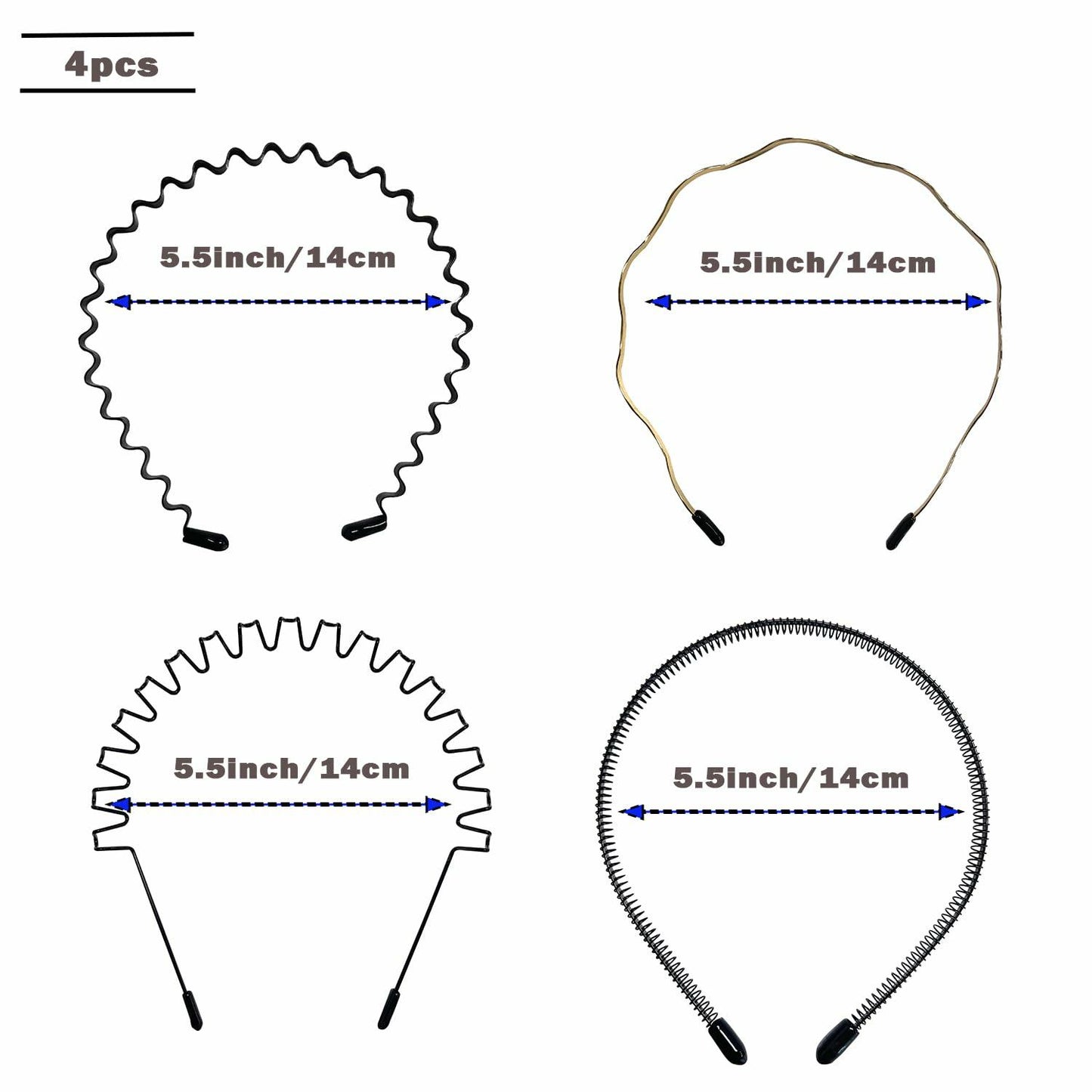 WEIMAISI 4pcs Black Metal Wavy Non Slip Hair Hoop Headband Accessories