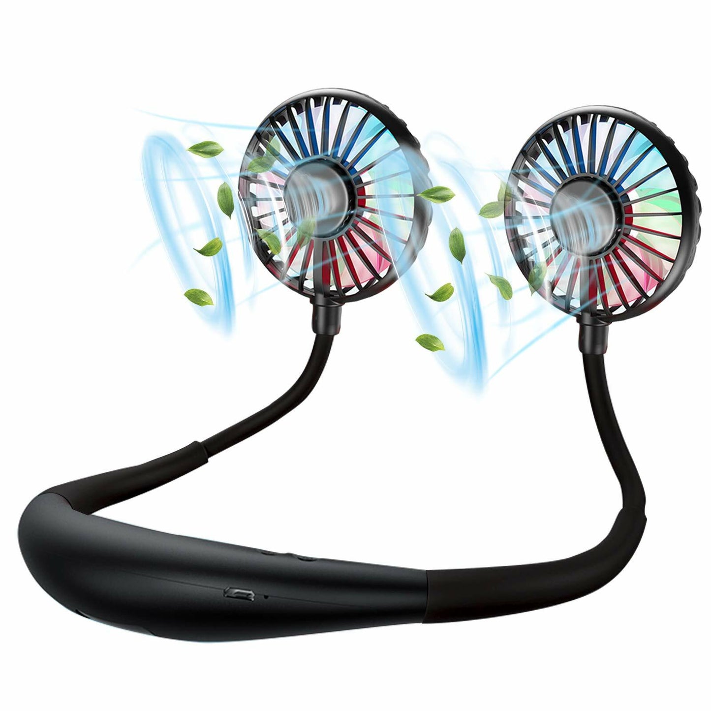 YALTOON Neck Fan 2600mAh USB Portable Black 7 Blades 3 Speeds Over 12H