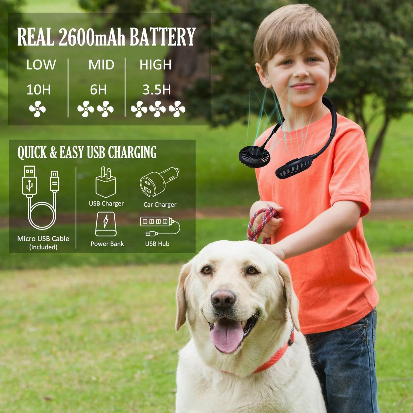 YALTOON Neck Fan 2600mAh USB Portable Black 7 Blades 3 Speeds Over 12H