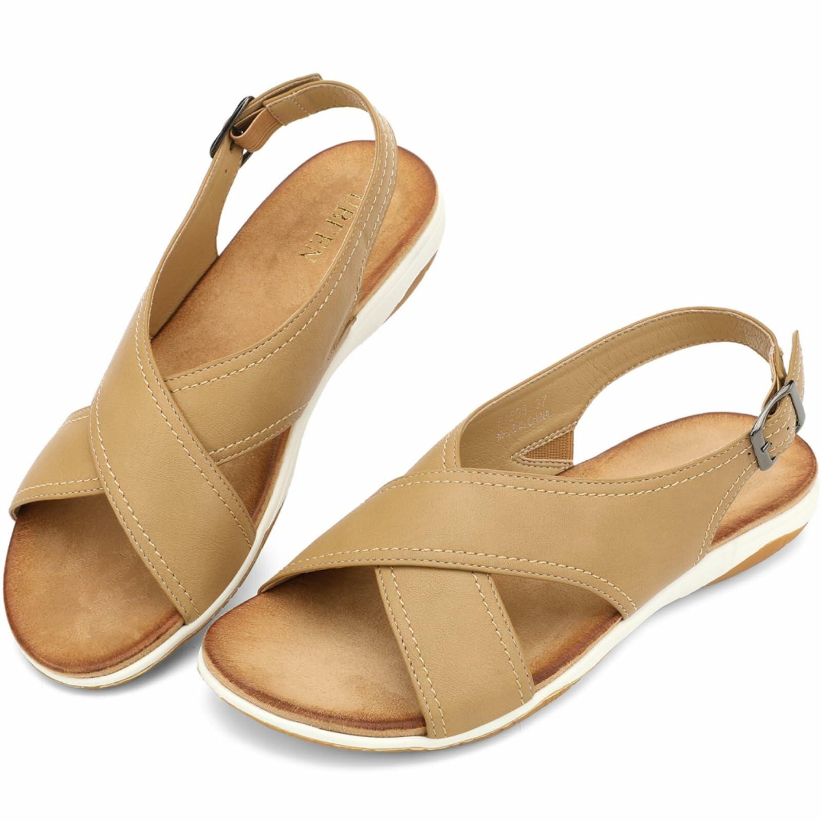 UBFEN Womens Flat Sandals Arch Support Adjustable Slingback Khaki Size 10