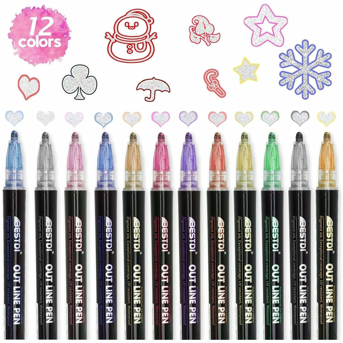 YIJHLHB 12 Color Metallic Outline Markers Double Line Glitter Paint Pink
