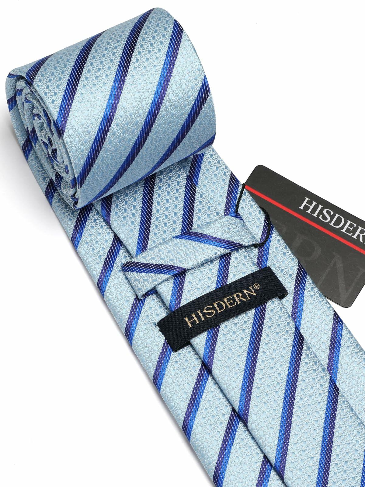 [Like New] HISDERN Men's Silk Striped Necktie & Handkerchief Set Light Green Size 8.5cm