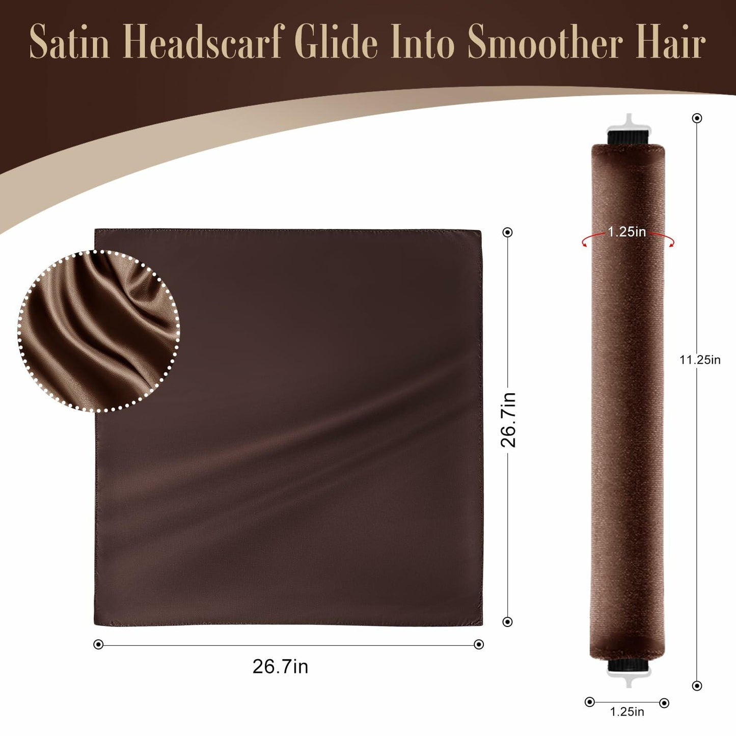 nunflue Heatless Hair Curlers Soft Overnight Set Brown 4Pcs with Silk Scarf