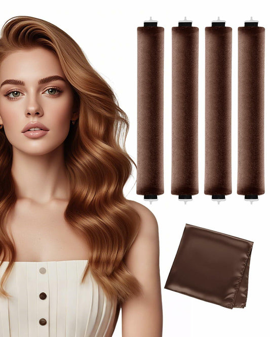 nunflue Heatless Hair Curlers Soft Overnight Set Brown 4Pcs with Silk Scarf