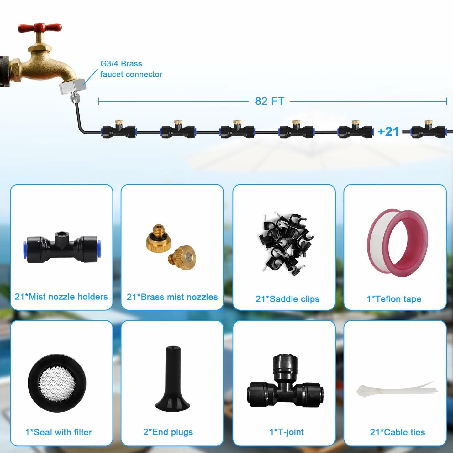UBYNID 82FT Patio Misting System 21 Brass Nozzles Outdoor Cooling Adapter