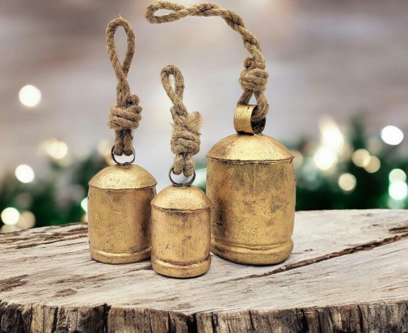 [Like New] NODYES Set of 3 Giant Rustic Harmony Bells 17in Gold Handmade Metal