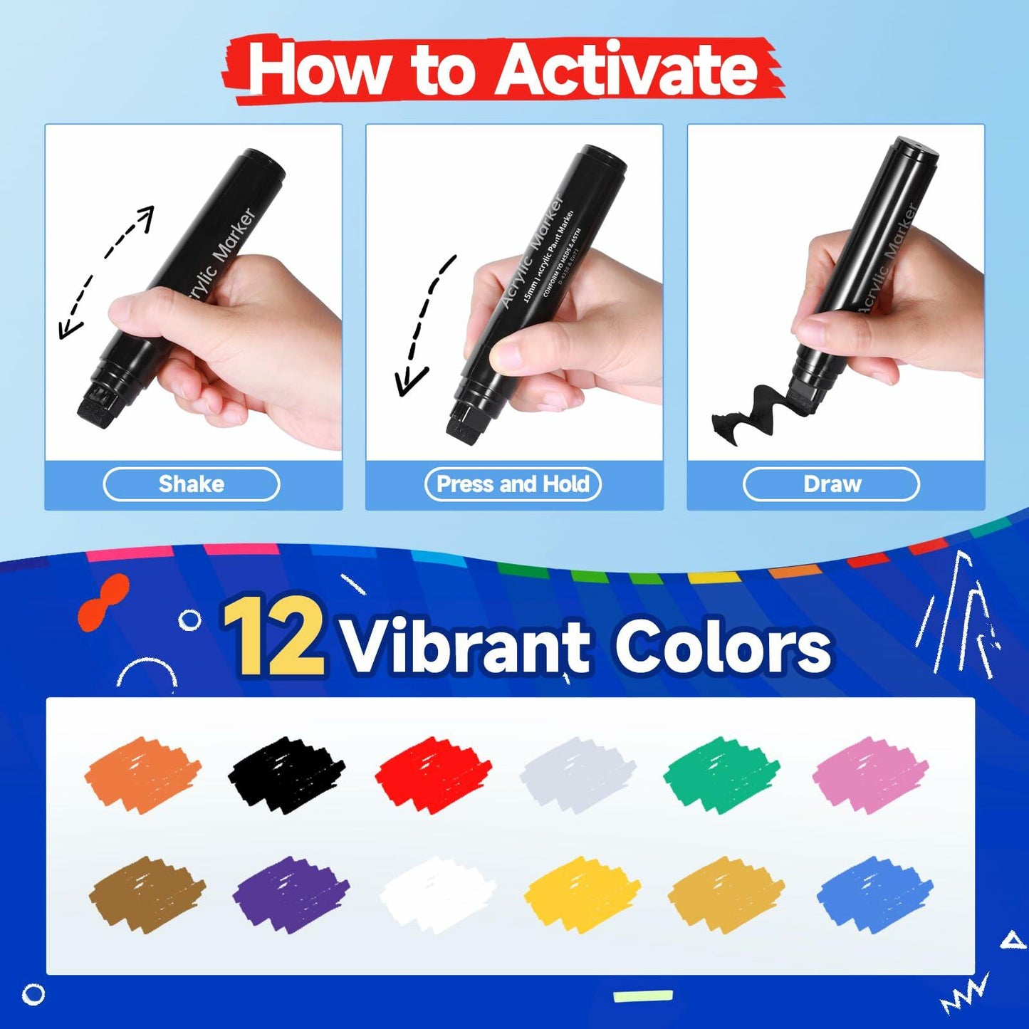 LEMEITU 12pcs Acrylic Paint Marker Set 15mm Broad Tip for Posters Signs Art