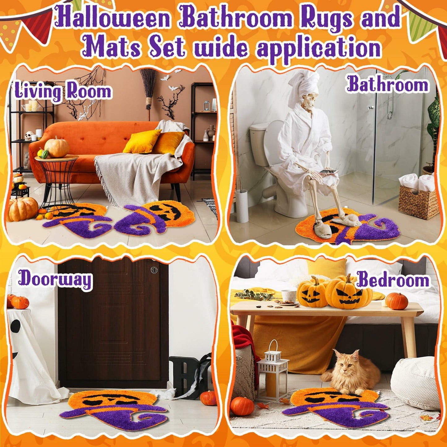 WILLBOND Halloween Bathroom Rugs 2 Pcs Spooky Pumpkin Non Slip 19.7x17.7 Inch