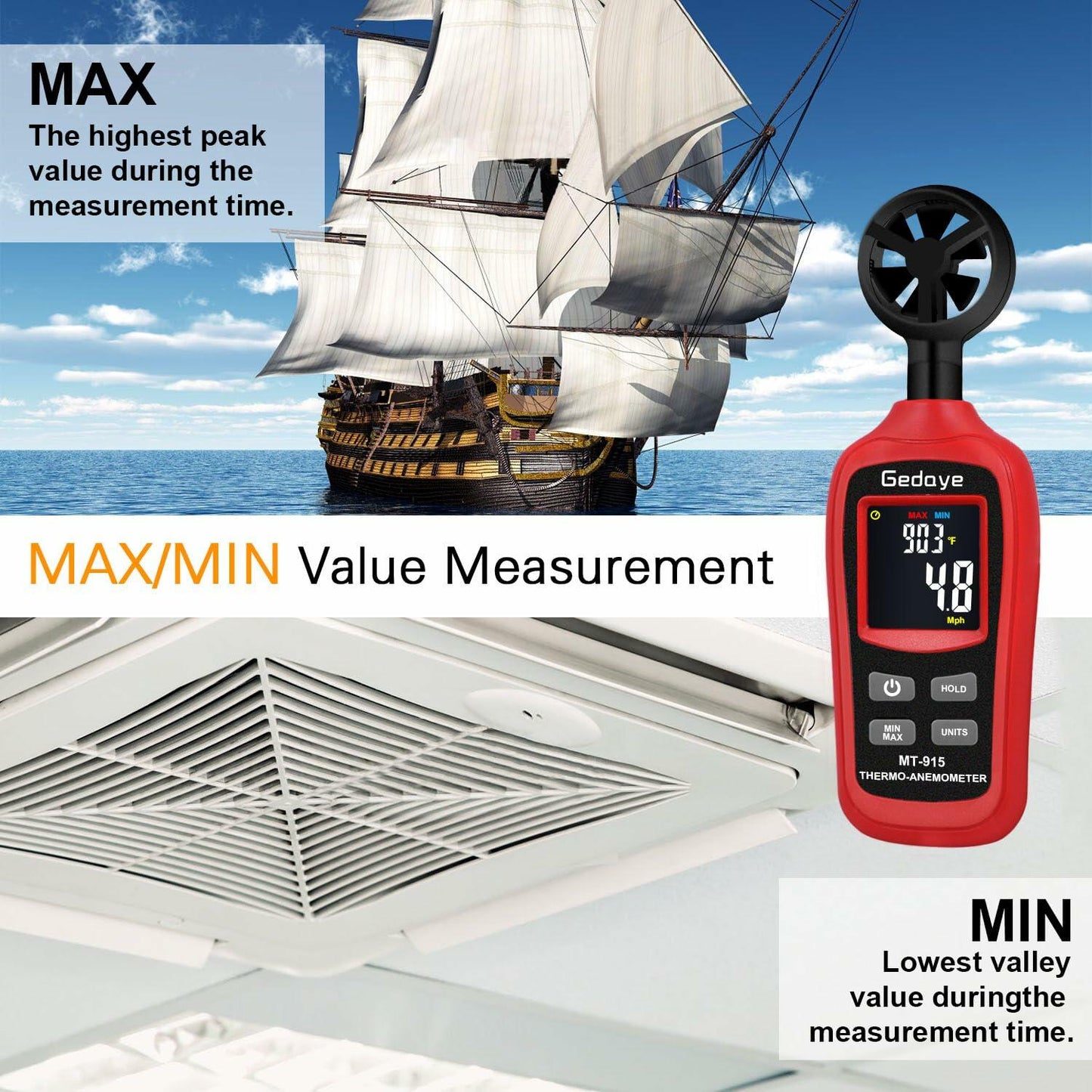 Gedaye Handheld Digital Anemometer Wind Speed Meter Temperature Max Min