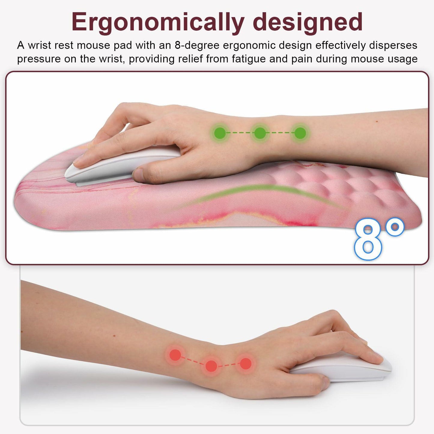 Knocent Ergonomic Wrist Mouse Pad Massage Memory Foam Non-Slip Pink Marble