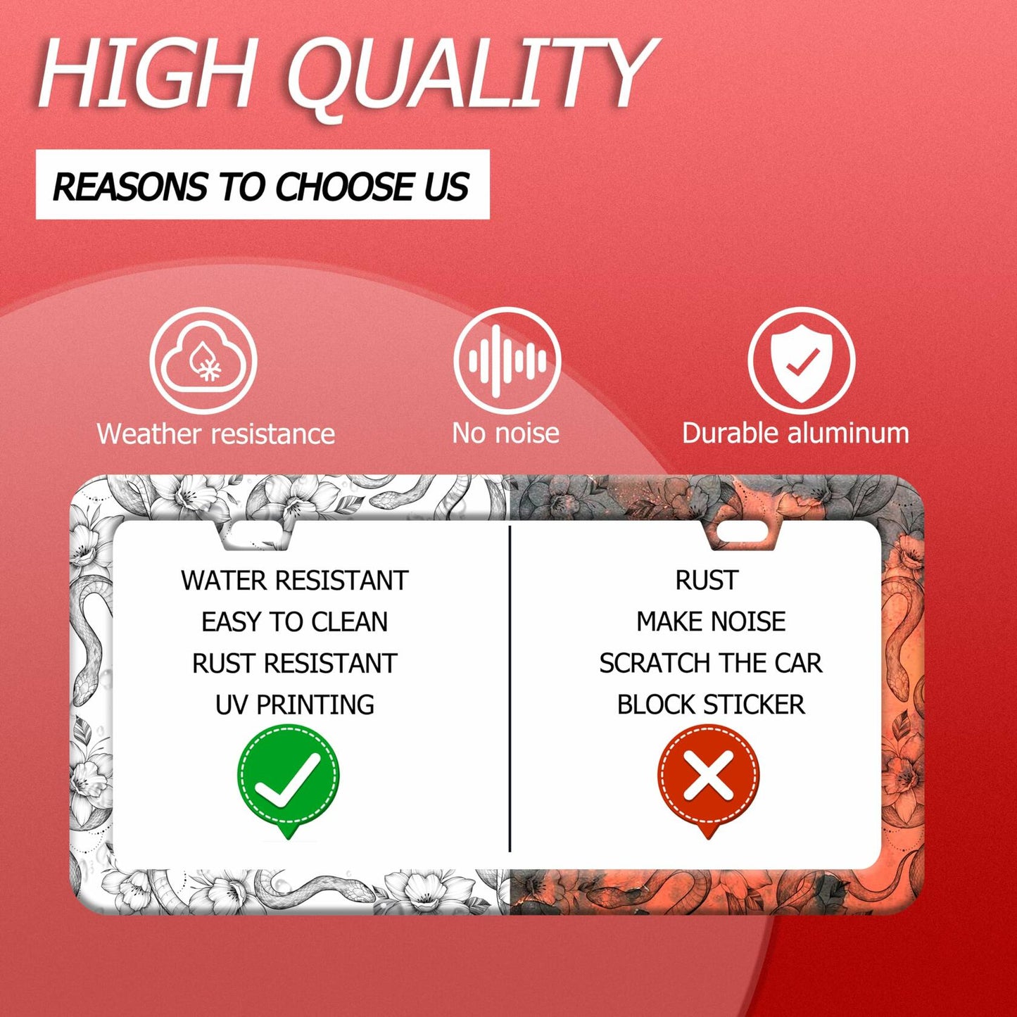 Snake Flowers Stainless Steel License Plate Frame 12.2x6 Inches US CA