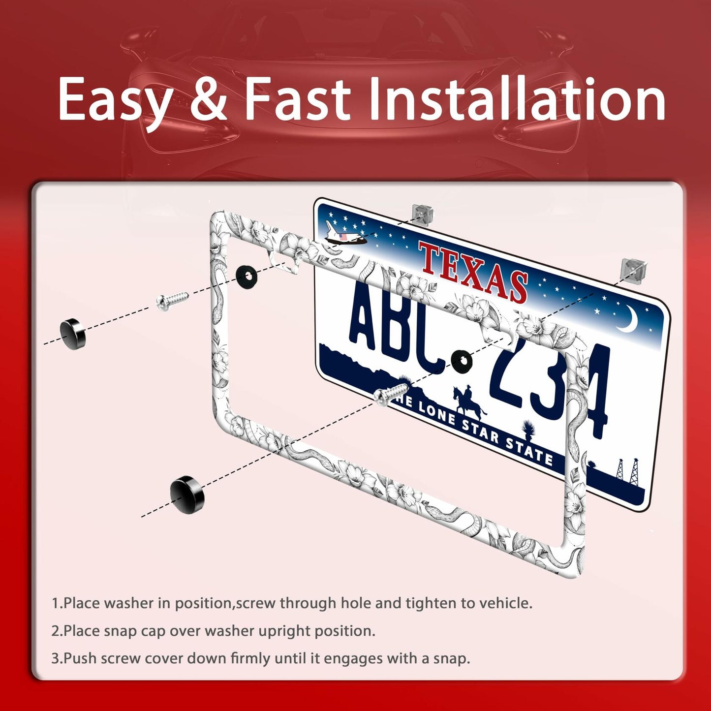 Snake Flowers Stainless Steel License Plate Frame 12.2x6 Inches US CA