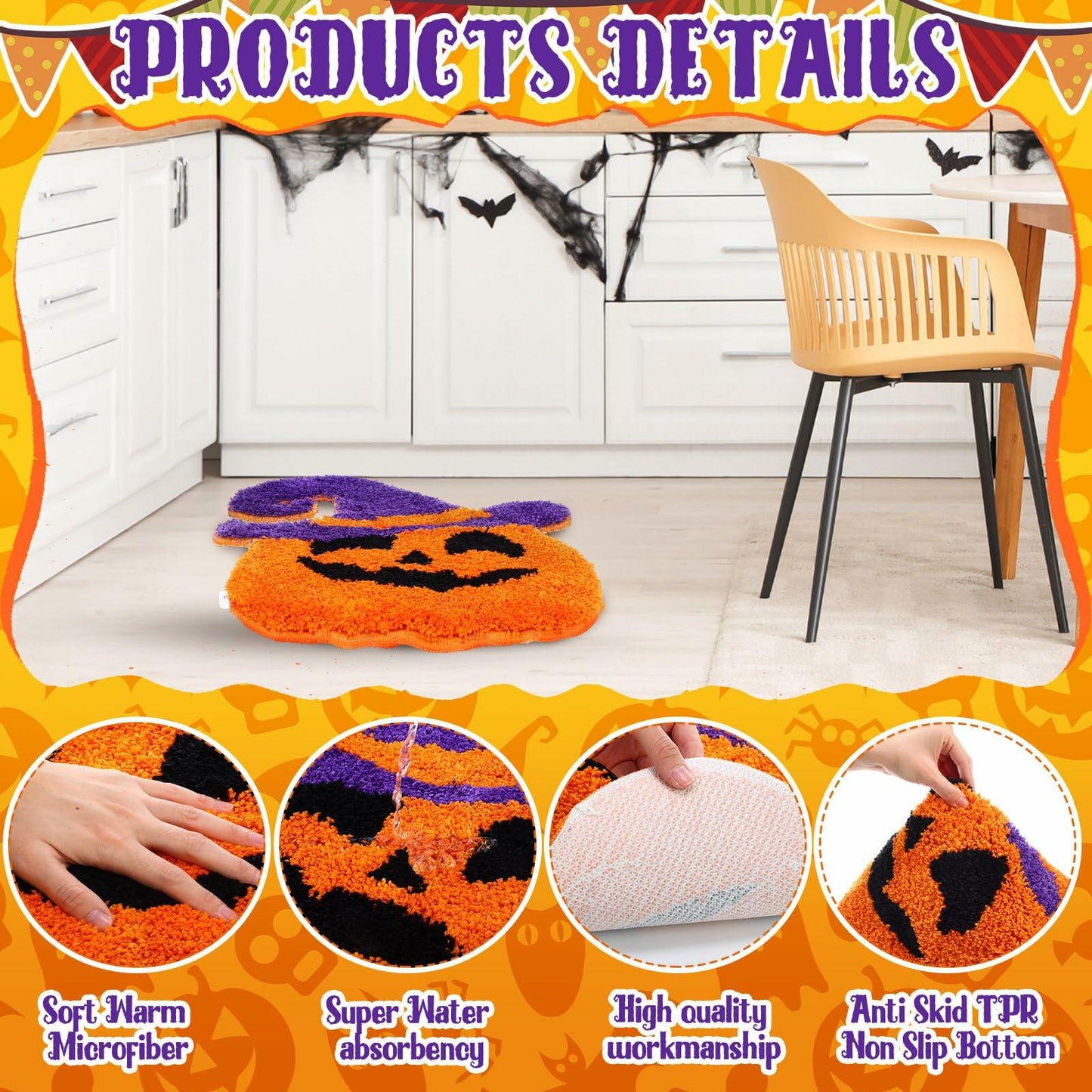 WILLBOND Halloween Bathroom Rugs 2 Pcs Spooky Pumpkin Non Slip 19.7x17.7 Inch