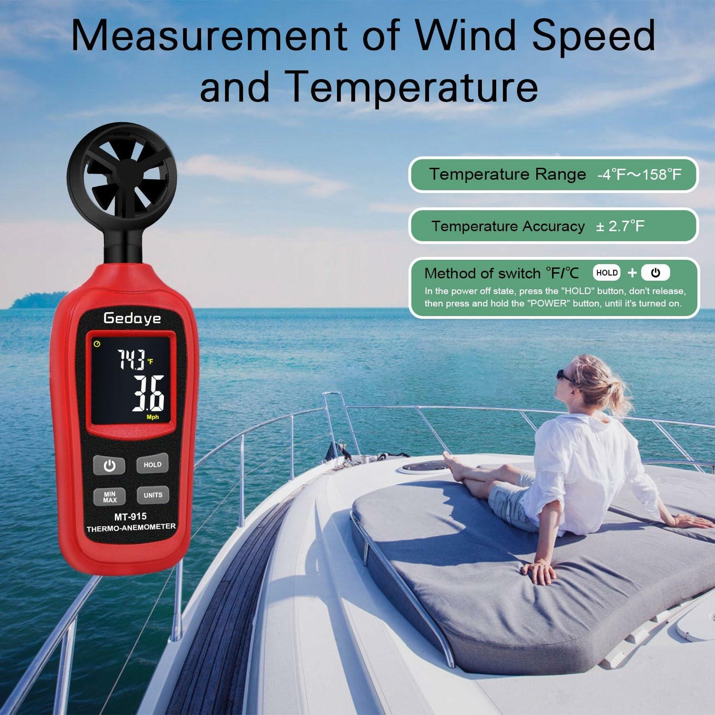 Gedaye Handheld Digital Anemometer Wind Speed Meter Temperature Max Min