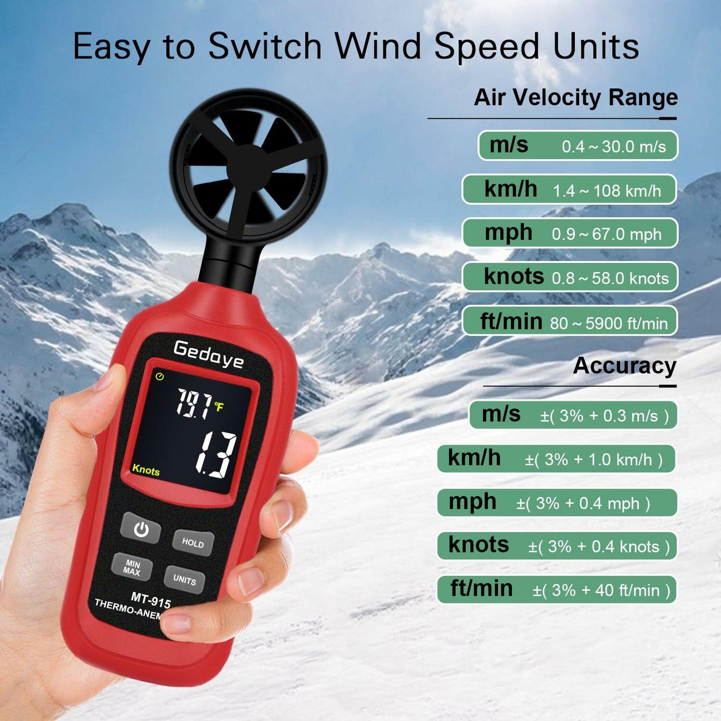 Gedaye Handheld Digital Anemometer Wind Speed Meter Temperature Max Min