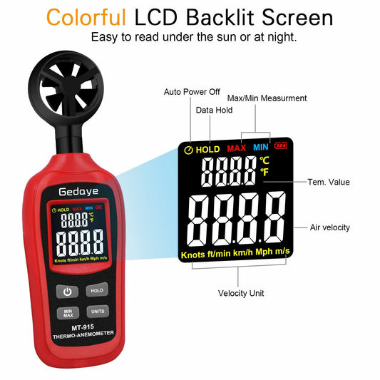 Gedaye Handheld Digital Anemometer Wind Speed Meter Temperature Max Min