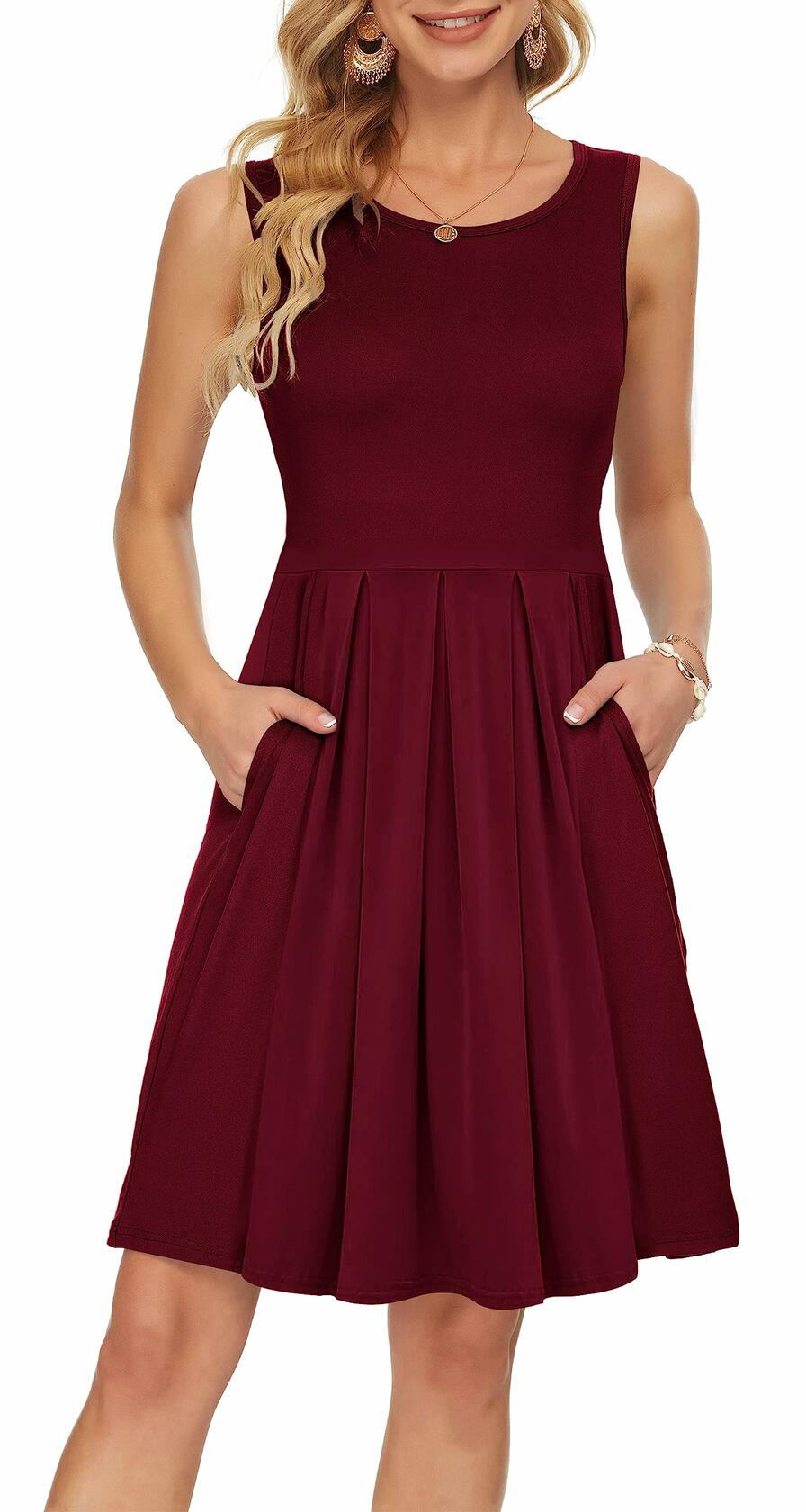 AUSELILY Women's Sleeveless Pleated Loose Swing Dress Wine Red Size XL