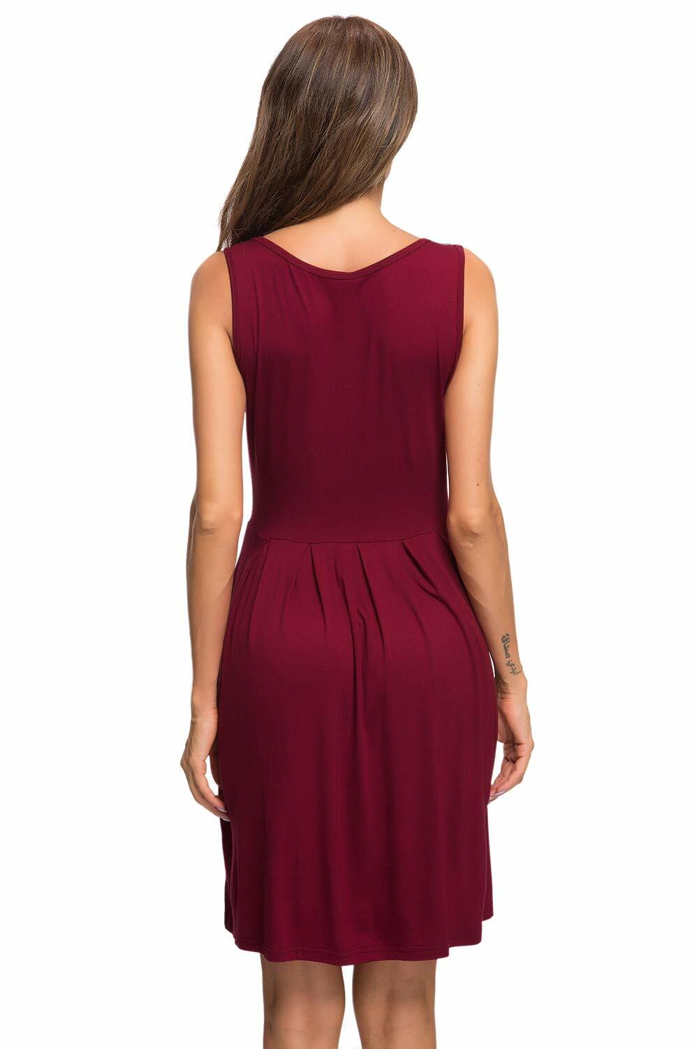 AUSELILY Women's Sleeveless Pleated Loose Swing Dress Wine Red Size XL